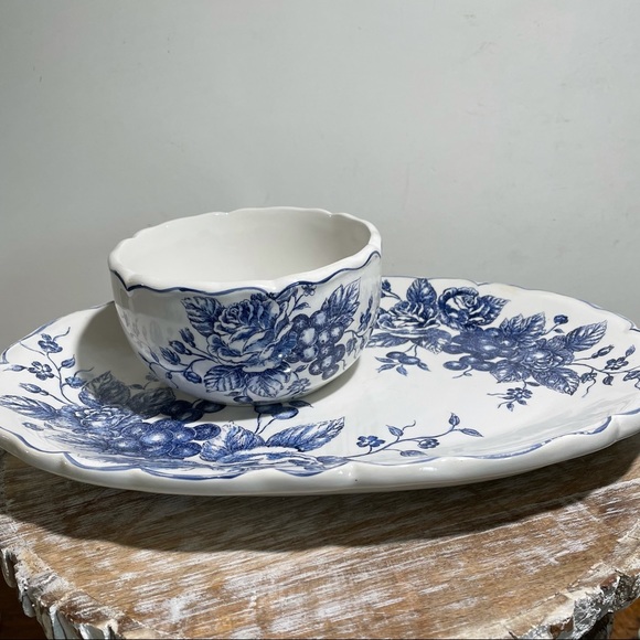 Blue Toile large floral platter & bowl set French Country cottage decor - Picture 2 of 10